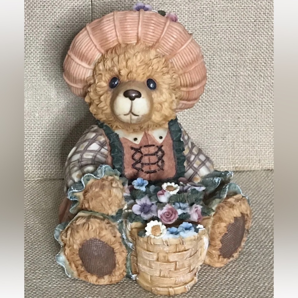 Vintage Teddy Bear Flower Basket Coin Bank Secret Compartment Summer Cottagecore